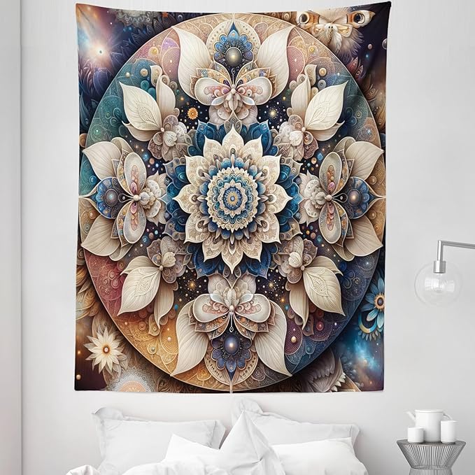 Ambesonne Mandala Tapestry Twin Size, Dreamy Composition of Astral Atmosphere Blooming Trippy Floral Boho, Wall Hanging Bedspread Bed Cover Wall Decor, 68" X 88", Eggshell Sea Blue Indigo