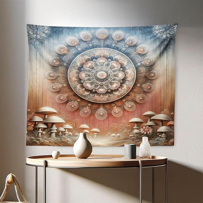 Ambesonne Hippie Tapestry, Fantasy Vibes Mushroom Jungle with Oriental Vibes Mandal Print Peacock, Fabric Wall Hanging Decor for Bedroom Living Room Dorm, 28" X 23", Pale Ruby Blue Grey Ecru