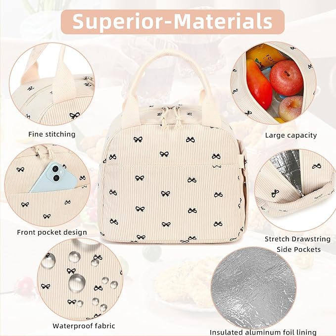 LEDAOU Lunch Box for Women Insulated Lunch Bag Corduroy Lunch Tote Bags Leakproof Cooler Lunch Case for Travel Work Picnic