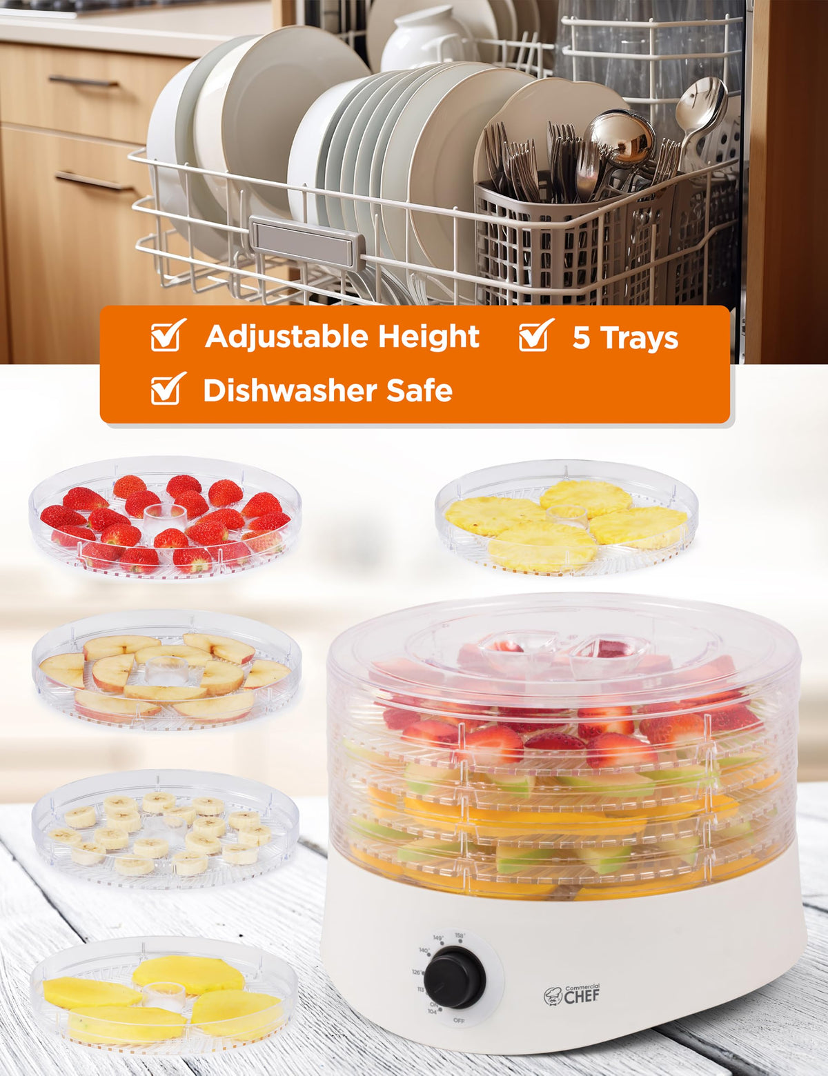 Commercial Chef Food Dehydrator, Five 9.25” BPA-Free Plastic Trays, Dehydrates and Dries Meat, Fruit, Veggies and Jerky, 280W Dehydration Machine, Adjustable Thermostat, CCD100W6, White