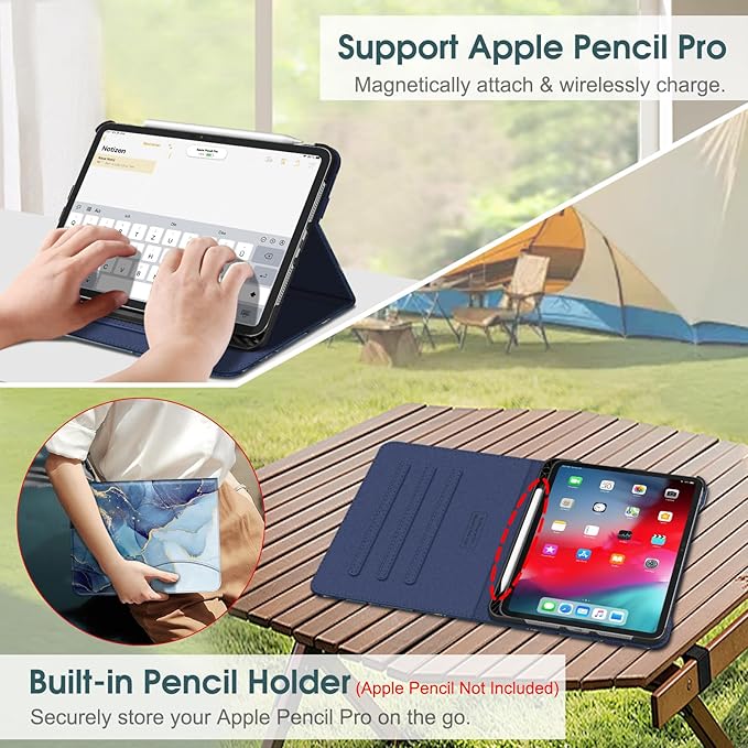 Fintie Folio Case for iPad Pro 11-inch (M5) 2025 / (M4) 2024 - Multiple Angles Viewing Stand Protective Cover with Pencil Holder & Pocket, Auto Wake/Sleep, Ocean Marble