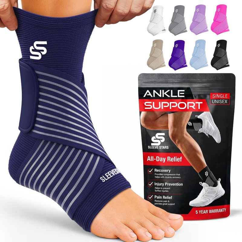 Sleeve Stars Ankle Brace for Women & Men, Ankle Wrap for Sprain, Compression Sleeve for Plantar Fasciitis Relief, Easy Customizable Support: w/ Removable Strap (Single/M:10"-12"/Navy Blue)