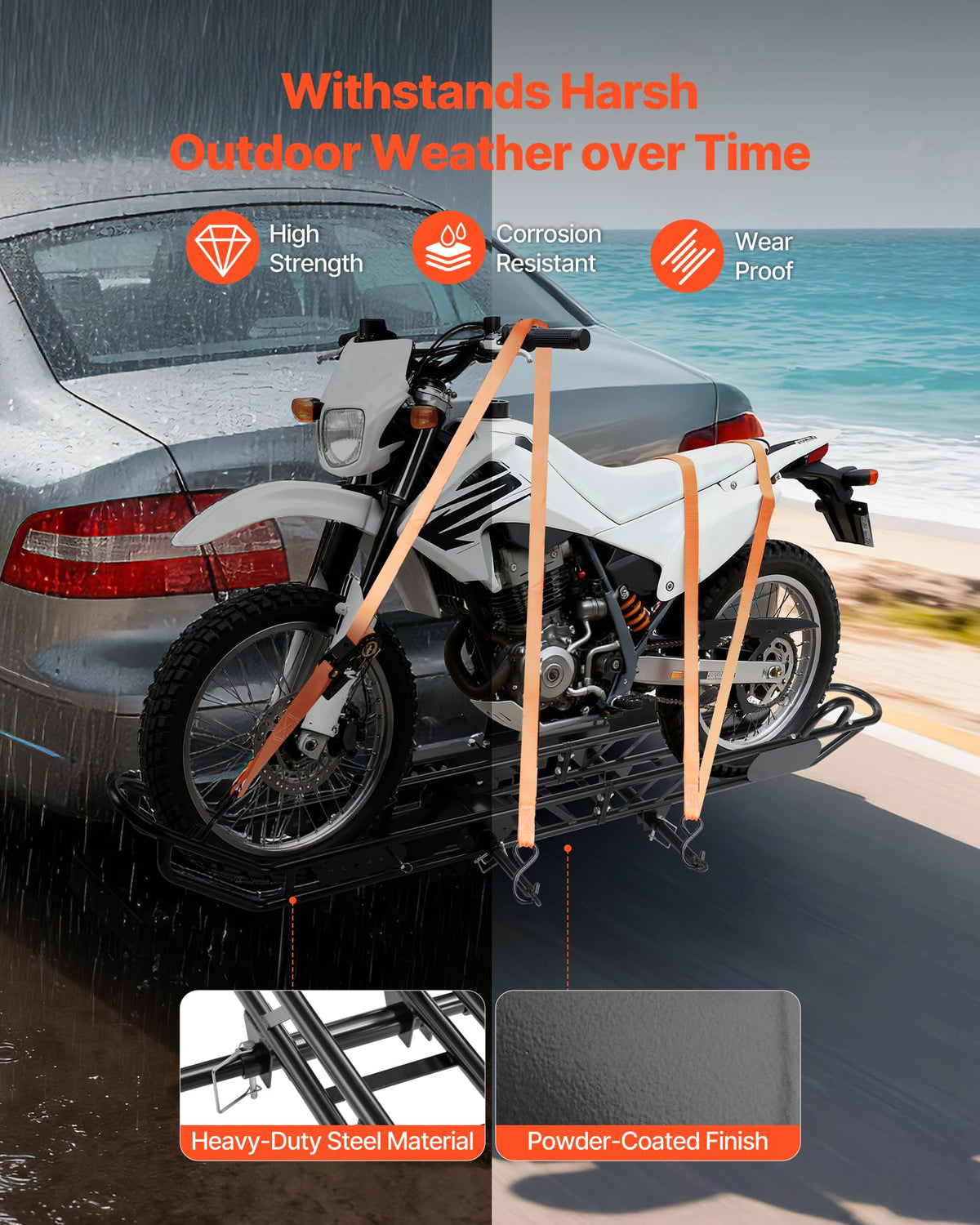 VEVOR Motorcycle Carrier, 500 lbs Capacity, Heavy Duty Steel Hitch Mount Rack with Anti-Tilt Lock Device, Straps & Stabilizer, Scooter Dirt Bike Trailer Hauler for Car Truck with 2-Inch Hitch Receiver