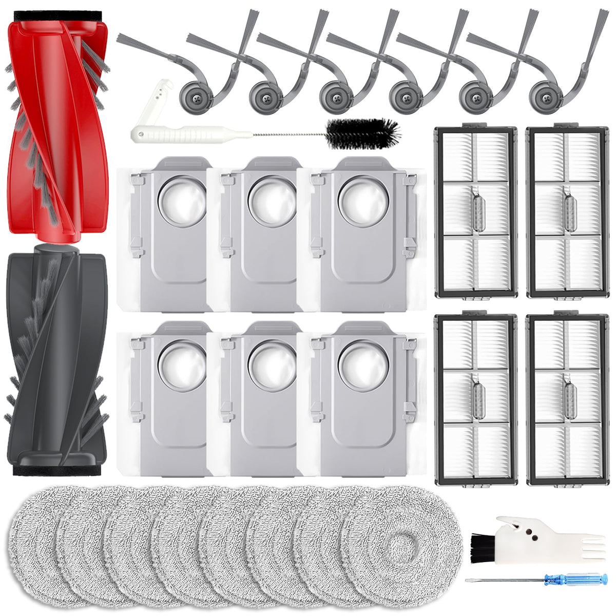 Yivy Saros 10 Accessories, 30pcs Replacement Kit for Roborock Saros 10/G30 - Accessory Set with 2 Roller Brushes, 6 Side Brushes, 4 Filters, 4+4 Mop Pads, 6 Dust Bags, 1Self-Cleaning Brush
