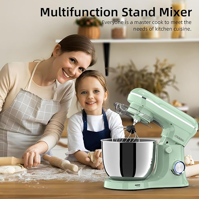SAMSAIMO 3-IN-1 Electric Stand Mixer, 10-Speed With Pulse Button, Attachments include 5.5QT Bowl, Dough Hook, Beater, Whisk for Most Home Cooks (Agave Green)