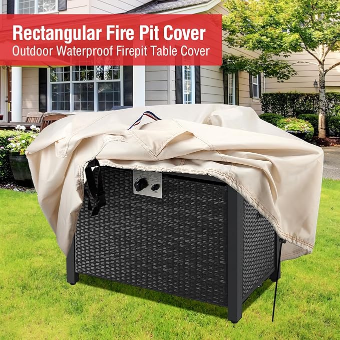 Youlvy Fire Pit Cover Rectangular 42 Inch - Waterproof Outdoor Fire Table Cover Rectangle Heavy Duty, 600D Patio Propane Gas Firepit Cover Rectangular Tear Weather Resistant - 42 x 20 x 13 Inch Beige