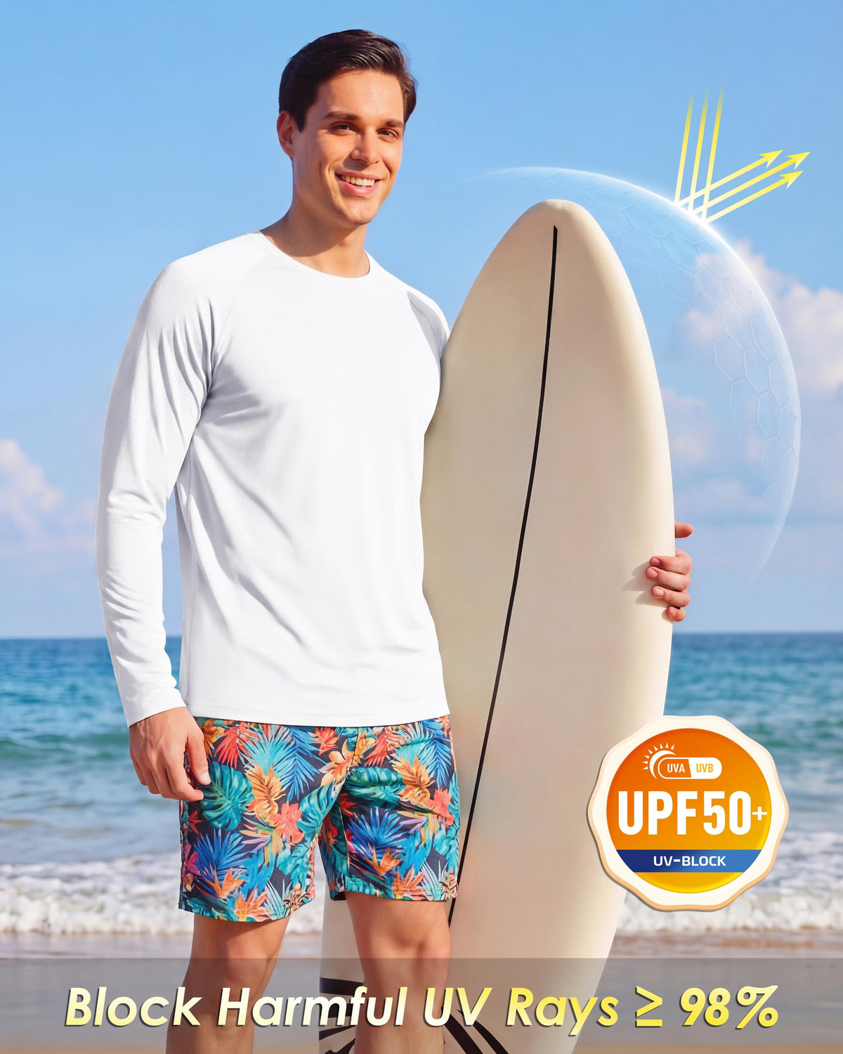 Boladeci Rash Guard for Men SPF Shirts Long Sleeve Lightweight UPF 50+ Sun Protection Swim Shirts Quick Dry UV Surf Water Running Fishing Tee T-Shirts White