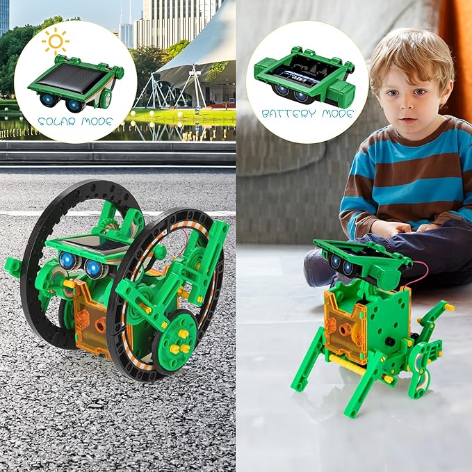 Solar Robot Kit for Kids, 14-in-1 Educational STEM Science Toy, Solar Power Building Kit DIY Assembly Battery Operated Robotic Set for Kids, Teens and Science Lovers(Battery Include) - Green