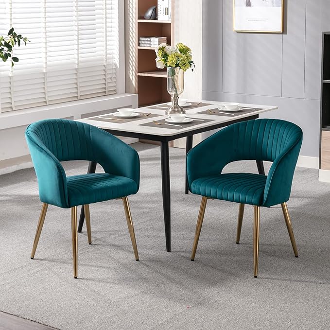 Modern Velvet Dining Chairs Set of 4, Upholstered Gold Dining Chairs with Hollow Back, Dining Room Chairs with Gold Legs, Accent Armrest Kitchen Chairs for Living Room Reception Teal Blue