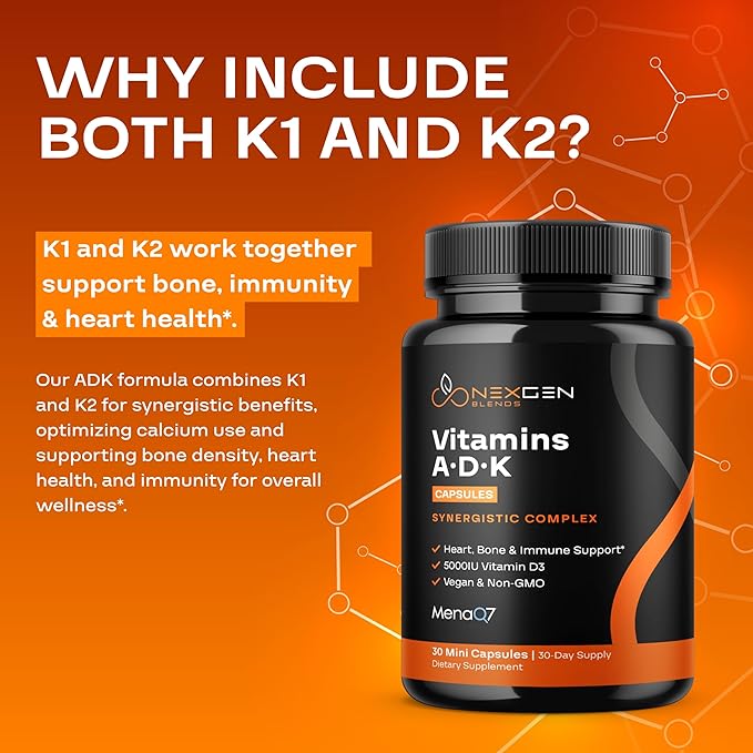 High Absorption ADK Vitamin Supplement - Vegan Vitamin D3 K2 MK7 & A for Calcium Regulation plus Bone Heart Thyroid & Immune Support - Vitamin ADK with 5000IU D3 Non GMO & Gluten Free (1 Months)