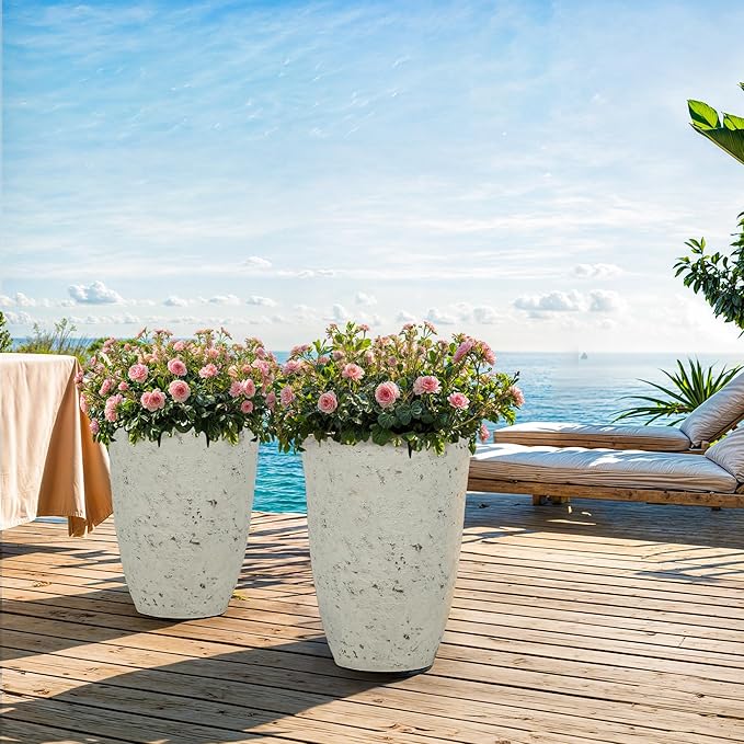 19.5" H Resin Tall Outdoor Planters, Set of 2 Country White Large Flower Pots with Handmade Birch Bark Texture, Heavy-Duty and Weather-Resistant for Year Round Indoor/Outdoor Space