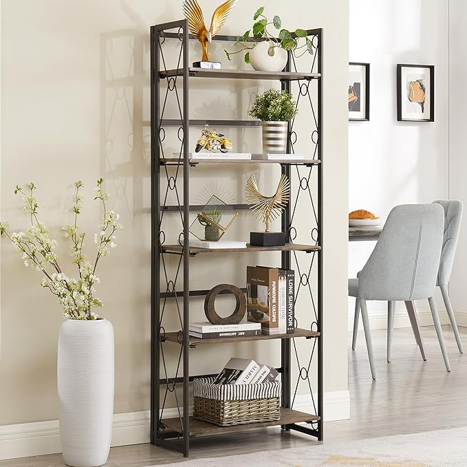 VECELO Folding Bookshelf, 5-Tier Bookcase Foldable, Industrial Tall Book Shelf Storage Organizer with Collapsible Metal Frame for Living Room/Home Office,Rustic Brown,1 Set