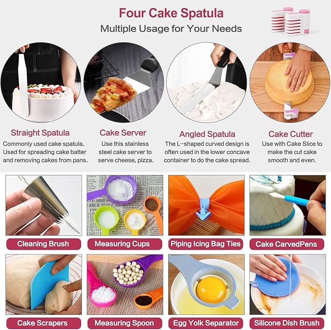 Aluminum Alloy Revolving Cake Stand & Carrier - 268PCS Kit with 54 Piping Tips, Acrylic Cake Discs, Various Spatulas