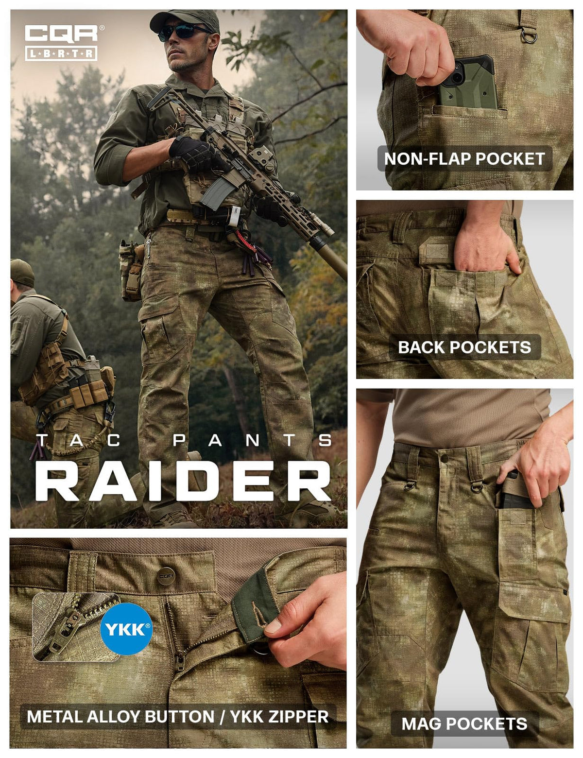 CQR Men's Tactical Pants, Water Resistant Ripstop Cargo Pants, Lightweight EDC Work Hiking Pants, Outdoor Apparel, Duratex Mag Pocket Print Fractal Camo, 34W x 30L