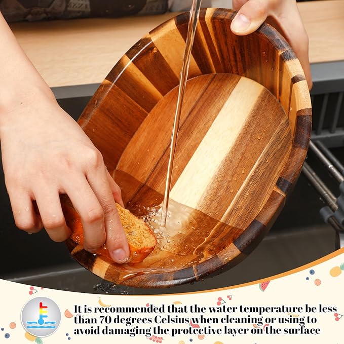 Yunlly Wooden Salad Bowl Set of 5 - Large Fruit Mixing Bowls with Salad Servers Utensils for Serving Dining Accessory - Handmade - Acacia Wood - Large 12", Medium 10", Small 8" (Wavy Design)