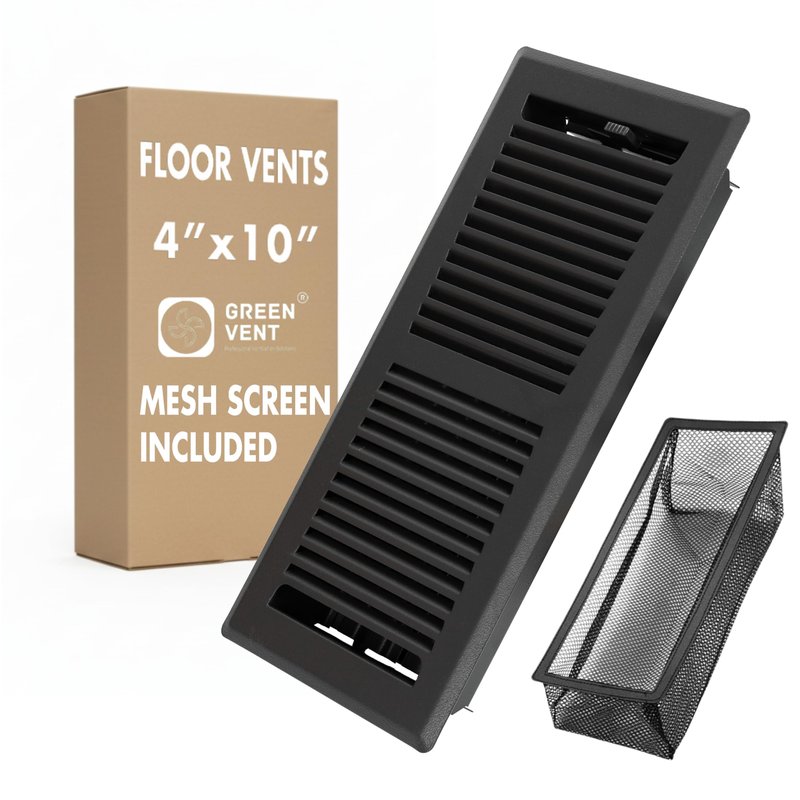 GREEN VENT Floor Register 4x10, 2-Way Steel Vent Cover with Steel Damper, Walkable, Matte Black, Includes Vent Cover Trap