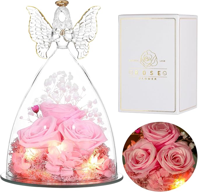 Ocosy Mothers Day Rose Gifts for Her, Large Angel Rose Gifts for Women, Forever Real Roses in Figurines, Guardian With Roses Flower, Peach Pink