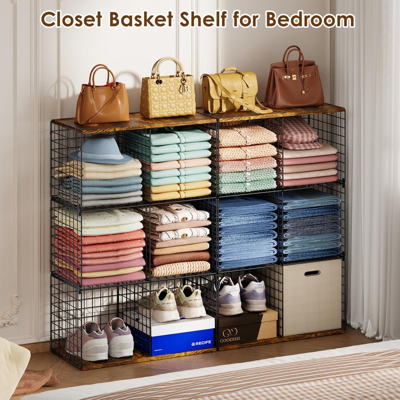 Free-standing Sturdy Tall 6-Cube Closet Organizer Storage Wire Basket Shelf with Wood Top for Wardrobe Bedroom Closet, Stackable Space-saving Clothing Shelves for Clothes, Sweaters, Pants, Handbags