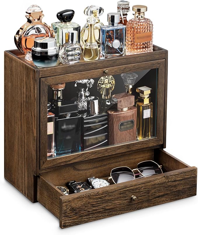 Cologne Organizer for Men, Solid Wood Perfumes Organizer for Men Dresser, Large Capacity Dustproof Cologne Holder with Drawer Storage Perfume Stand Organizer, Ideal Gift for Loved ones