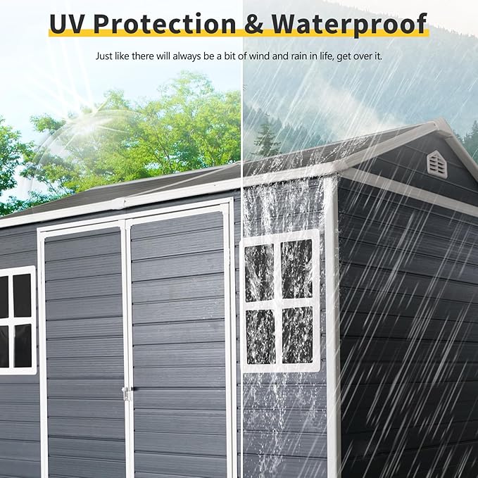 8x6 FT Outdoor Storage Resin Shed with Floor, Plastic Garden Bike Shed with Sloped Roof, Lockable Door & Windows, Easy to Assemble Tool Shed for Lawn, Backyard, Patio, Black