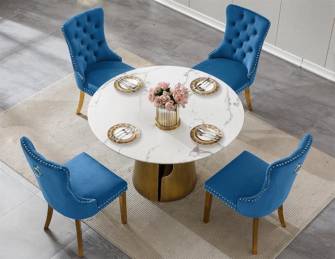 5-Piece Faux Marble Round Dining Table Set for 4, Modern Luxury Kitchen Table Set for 4 with Blue Tufted Chairs,Circle Dining Tables with White Marble Grain Top and Bronze Pedestal Base