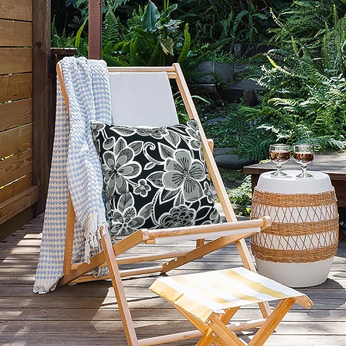 Outdoor Pillow Covers for Patio Furniture 20x20 Inch, Decorative Patio Throw Pillow Covers Set of 2, Modern Square Cushion Cases for Porch Garden Home Office,Flower Black