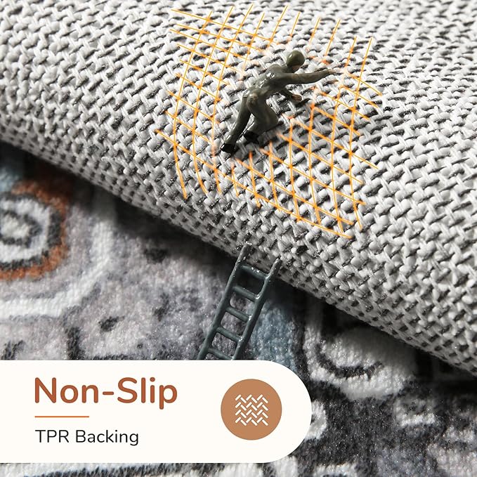 OPPODREAM Thin 6x9 Area Rugs, Washable Rug 6x9 with Non Slip Backing, Faux Cashmere Low-Pile 6 x 9 Carpet, Grey & Teal & Yellow