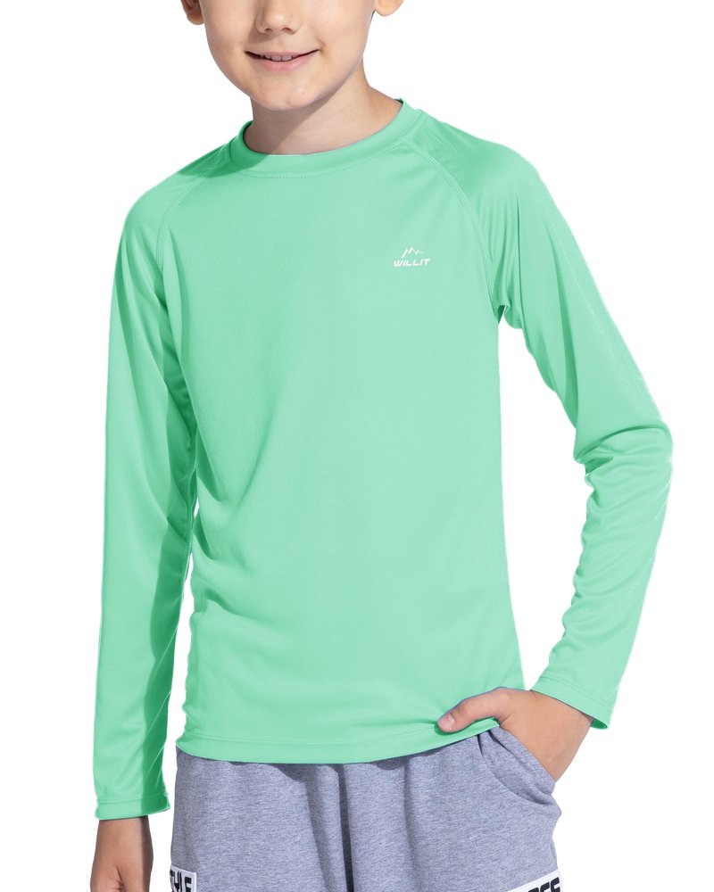 Willit Boy's UPF 50+ Sun Protection Shirt Long Sleeve Rash Guard Swim Shirts Youth SPF Fishing Quick Dry Shirt Light Green M