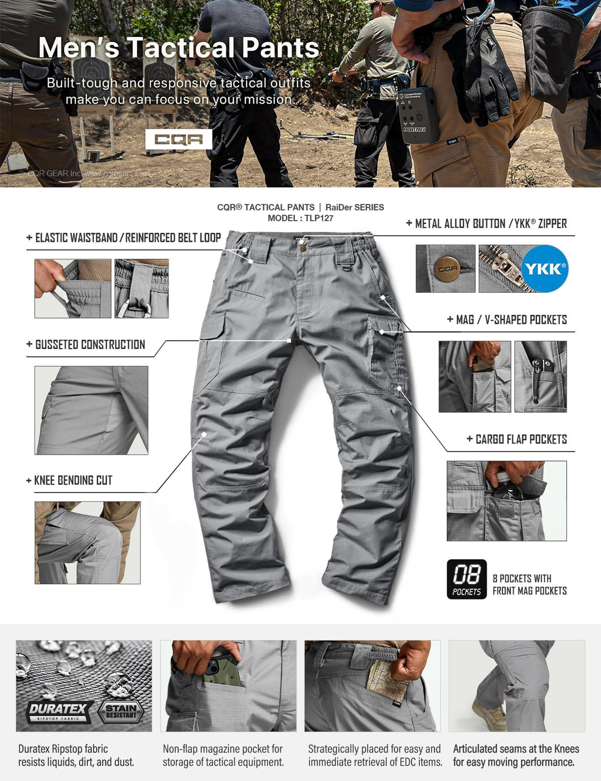 CQR Men's Tactical Pants, Water Resistant Ripstop Cargo Pants, Lightweight EDC Work Hiking Pants, Outdoor Apparel, Raider Mag Pocket Stone, 40W x 30L