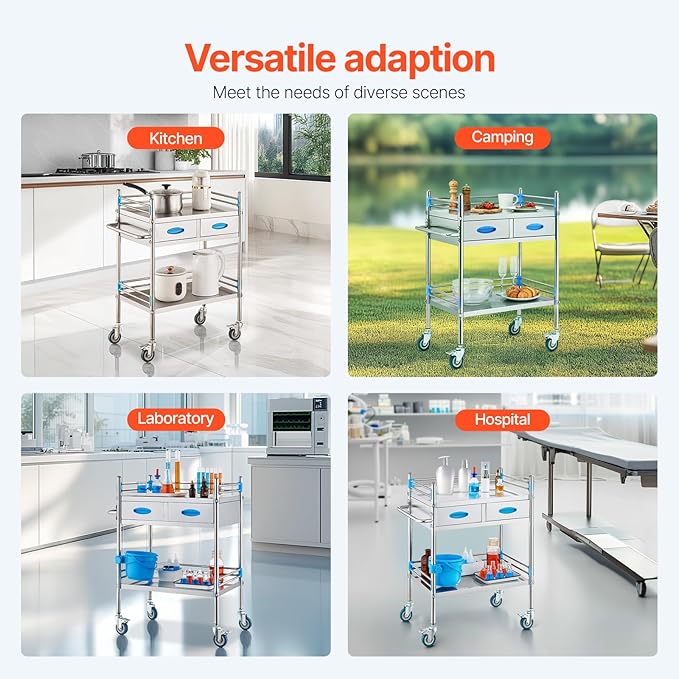 VEVOR Stainless Steel Utility Cart, 2 Layers with Two Lockable Wheels, Ideal for Laboratory, Hospital, Dental Use