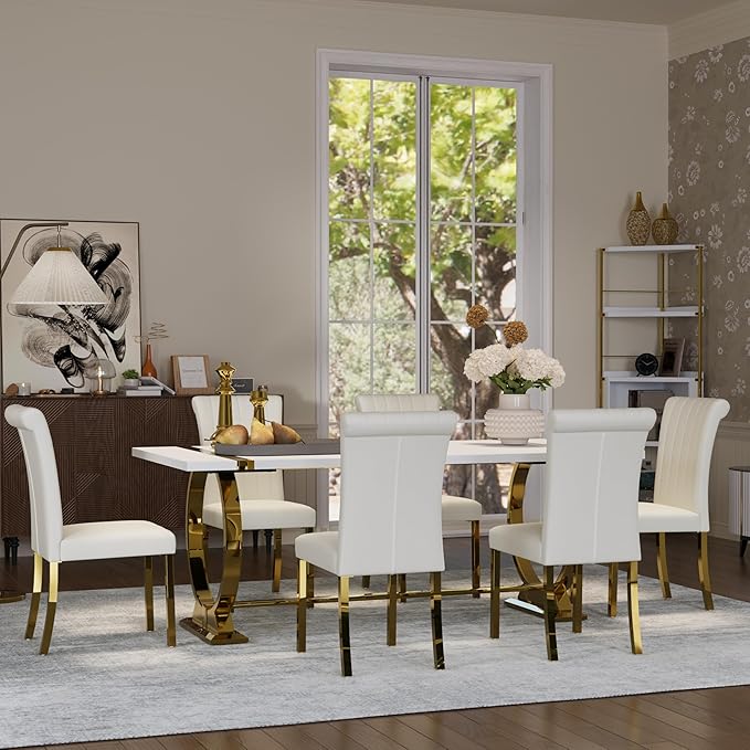 Asday Modern Large Dining Table, 80 Inch White and Gold Dining Table Unique Kitchen & Dining Room Table for 6-8, with White Tabletop and U Shape Stainless Steel Base
