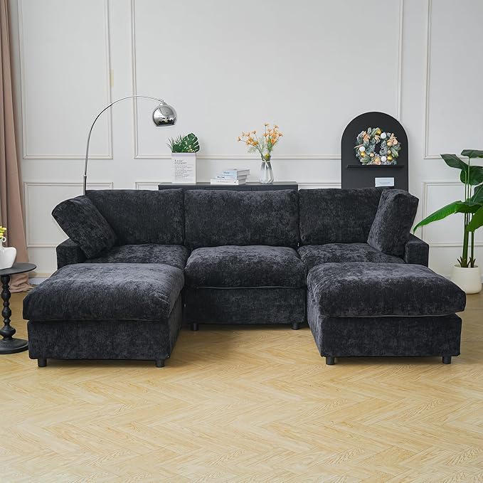 JACH U Shape Sectional Couches for Living Room, Convertible Modular Sofa with Ottomans, Cloud Sectional Couch, Sofa Covers Washable, Minimalist Couch for Living Room, Apartment, Black