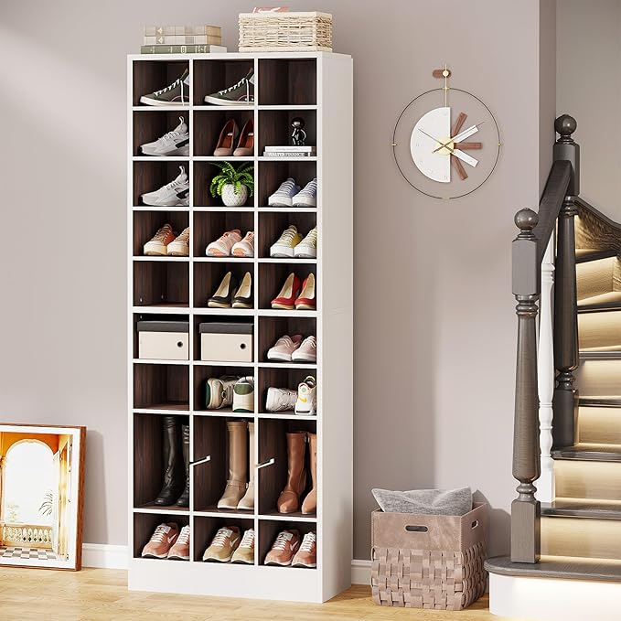Tribesigns 10-Tier Shoe Storage Cabinet Set of 2, White and Brown Wooden Shoe Rack with 30 Cubbies, Freestanding Tall Entryway Shoe Organizer for Closet, Entryway, Living Room