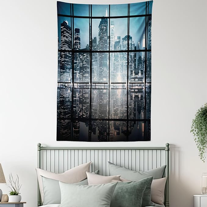 Ambesonne Modern Tapestry, Modern New York City Scenery at Night with Skyscrapers Buildings Print, Fabric Wall Hanging Decor for Bedroom Living Room Dorm, 30" X 45", Black Blue