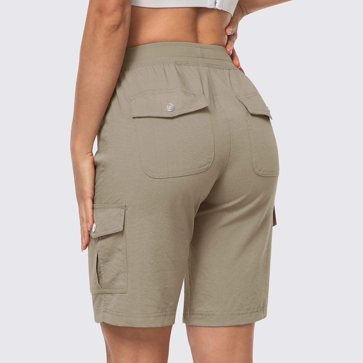 MoFiz Women's Hiking Long Shorts 10" Quick Dry Cargo Shorts for Women Lightweight Knee Length Athletic Shorts with Pockets Khaki M