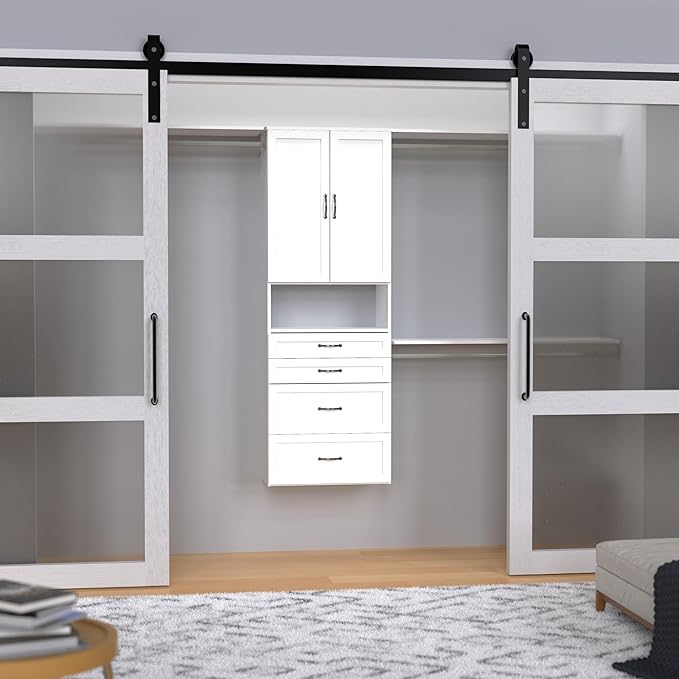 ClosetMaid SuiteSymphony Hanging Closet Kit Includes (1) Tower, (3) Closet Rods, (4) Shelves, (3) Top Shelves w/Brackets, (4) Drawers, and (1) Closet Door Set, White