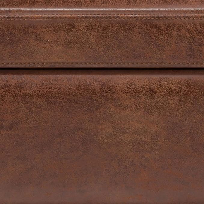 SIMPLIHOME Owen Lift Top Coffee Table Storage Ottoman - 42 inch Wide Upholstered Vegan Leather Rectangular Lift-Top Ottoman in Distressed Saddle Brown, Mid-Century Modern Ottoman for Living Room