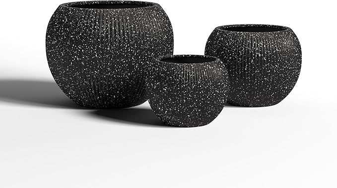 DTY Signature Mount Sherman Modern Indoor Outdoor Fiberstone Sphere Planter, Durable Round Garden Pot, Weather Resistant, Drainage Hole & Rubber Plug,Planter for Christmas Tree (Ribbed Black, Small)