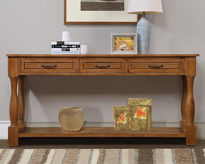 LKTART Solid Wood Console Table for Entryway,Long Sofa Table with 3 Drawers for Hallway,Foyer,Entry,Easy Assembled (63" Brown)