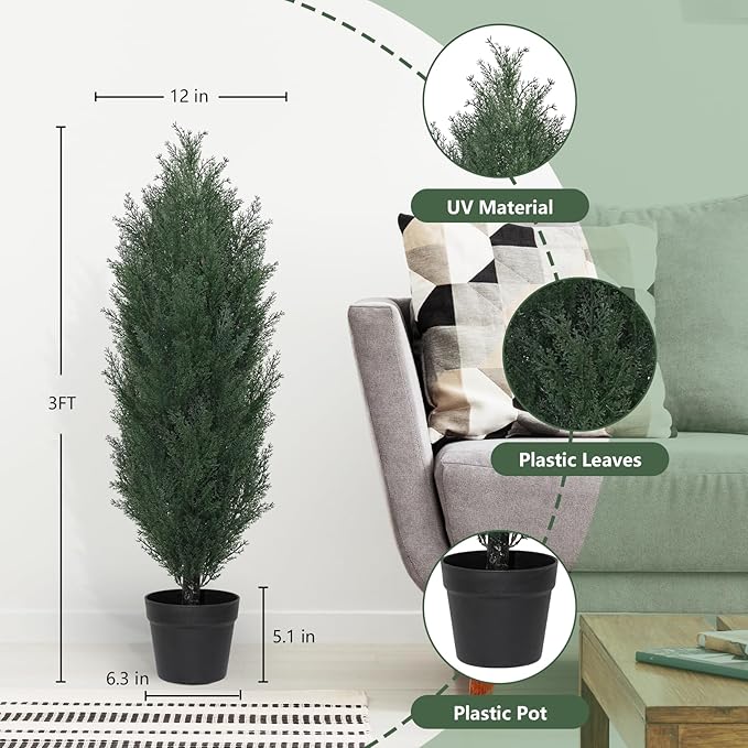 THE BLOOM TIMES 3ft Topiary Trees Artificial Outdoor Set of 2, UV Resistant Faux Cedar Pine Cypress Bushes & Shrubs, Fake Plants for Front Porch Outside Planter Patio Christmas Decor 3 Foot Tall
