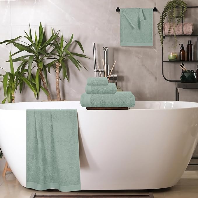 Ultra Soft 6 Pack Cotton Towel Set, Contains 2 Bath Towels 28x55 inch, 2 Hand Towels 16x24 inch & 2 Wash Coths 12x12 inch, Ideal Everyday use, Compact & Lightweight - Jade