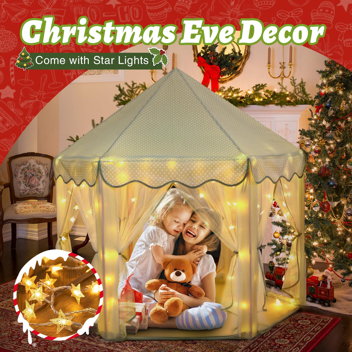 Monobeach Princess Tent Girls Celadon Large Playhouse Kids Castle Play Tent with Star Lights Gift Toy for Children Indoor and Outdoor Games, 55'' x 53'' (DxH)