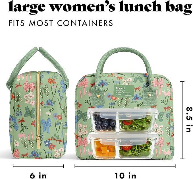 Fit & Fresh Bloomington Lunch Bag for Women - Insulated Large Lunch Box for Work with Containers, Leak-Resistant, Stain-Resistant, Zipper Closure, Sage Bows & Flowers