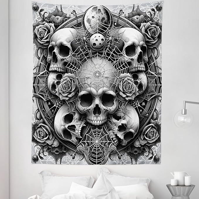 Ambesonne Gothic Tapestry King Size, Dark Tone Neo Spooky Vampire Skulls with American Traditional Roses, Wall Hanging Bedspread Bed Cover Wall Decor, 68" X 88", Pale Grey Dark Grey White