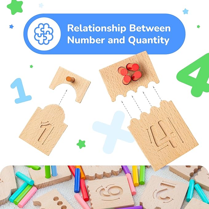 Bimi Boo Counting Peg Boards and Number Tracing for Kids - Wooden Montessori Arithmetic Math Toy Set for Toddlers and Preschoolers - Math Manipulatives for Kindergarten (55 Pegs, 10 Boards, 1 Pencil)