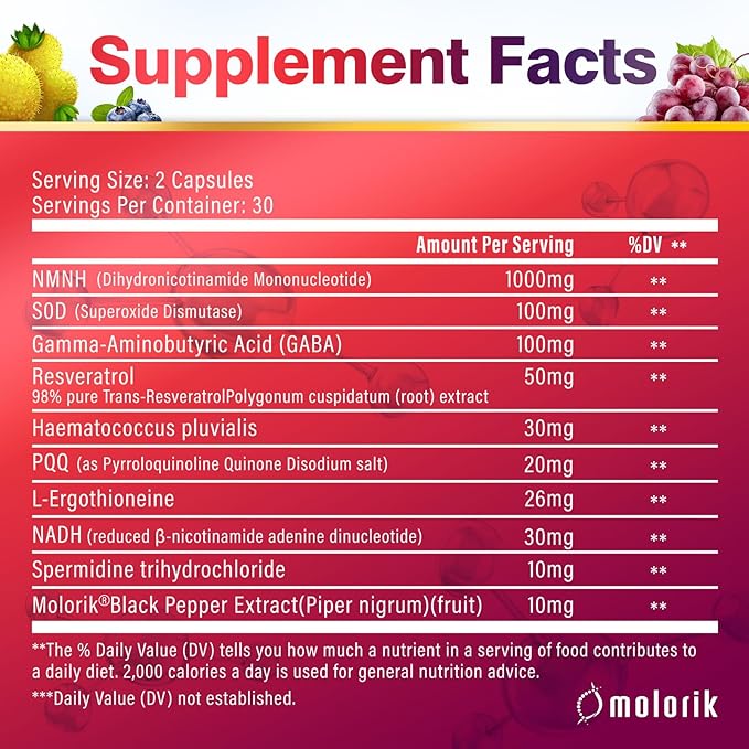 NMNH (Dihydronicotinamide Mononucleotide), 1000mg Per Serving NAD High Purity Supplement Alternative, Capsules Gluten Free, Non-GMO, for Anti-Aging, Energy, Focus - 069