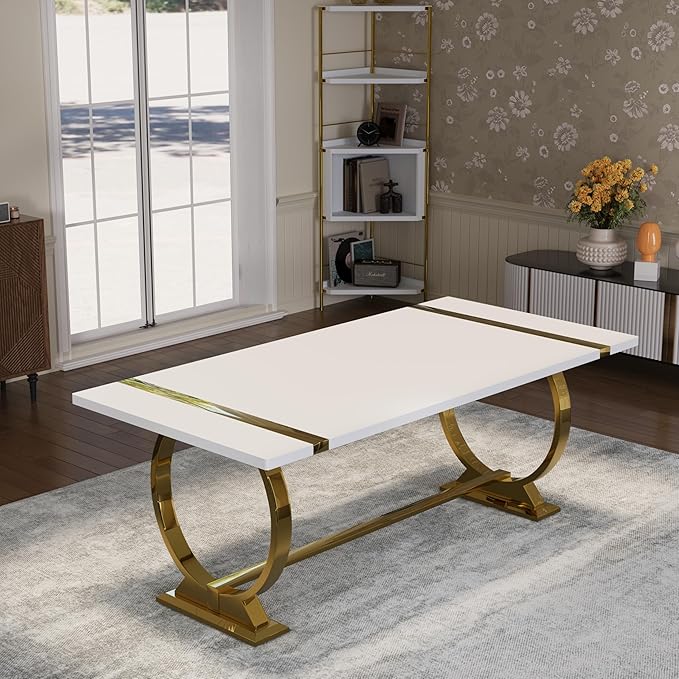 Asday Modern Large Dining Table, 80 Inch White and Gold Dining Table Unique Kitchen & Dining Room Table for 6-8, with White Tabletop and U Shape Stainless Steel Base