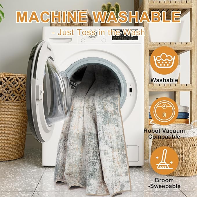 WILLSUN Washable Area Rugs, 5x7 Non-Slip Boho Large Area Rugs for Living Room, Bedroom, Machine Washable Vintage Rug, Indoor Floral Print Carpet for Home Decor, Kid & Pet Friendly Mat
