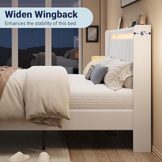 Allewie Full Size LED Bed Frame with Charging Station, Velvet Upholstered Platform Bed with Geometric Wingback Headboard, Modern Frame with No Box Spring Needed, Easy Assembly, White