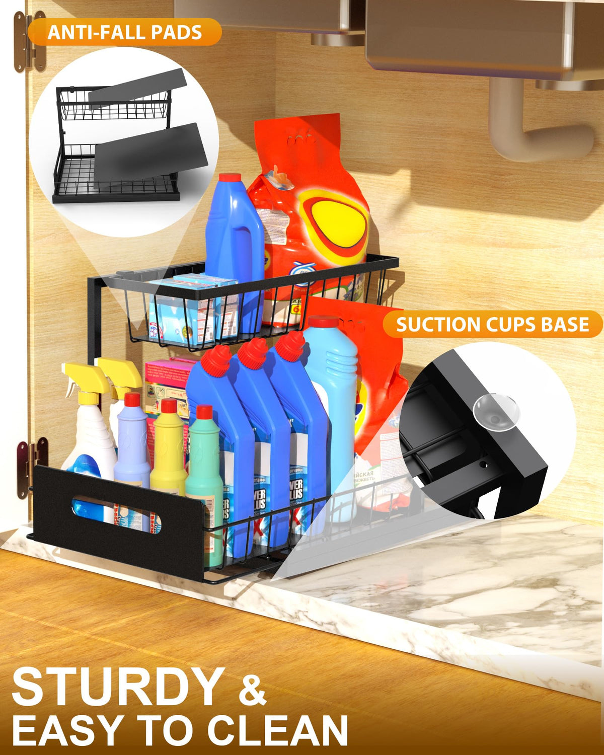 Mythinglogic Metal Under Sink Organizer and Storage, 2 Tier Under Sink Organizer, Pull Out Under Cabinet Organizer Shelf for Kitchen Bathroom and Laundry Room